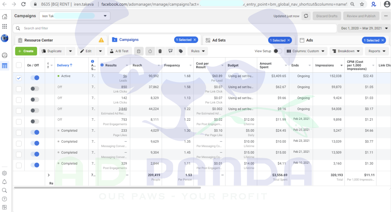 арендные аккаунты AD PANDA