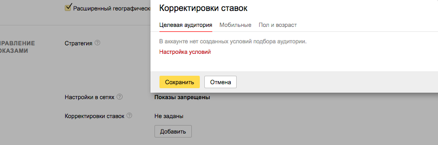 Создайте условие подбора аудитории