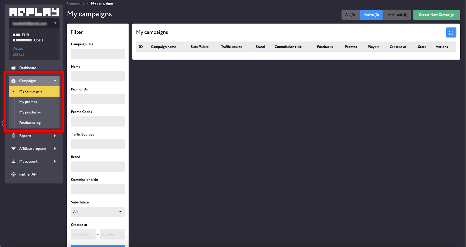 Вкладка My campaigns личный кабинет AdplayPartners