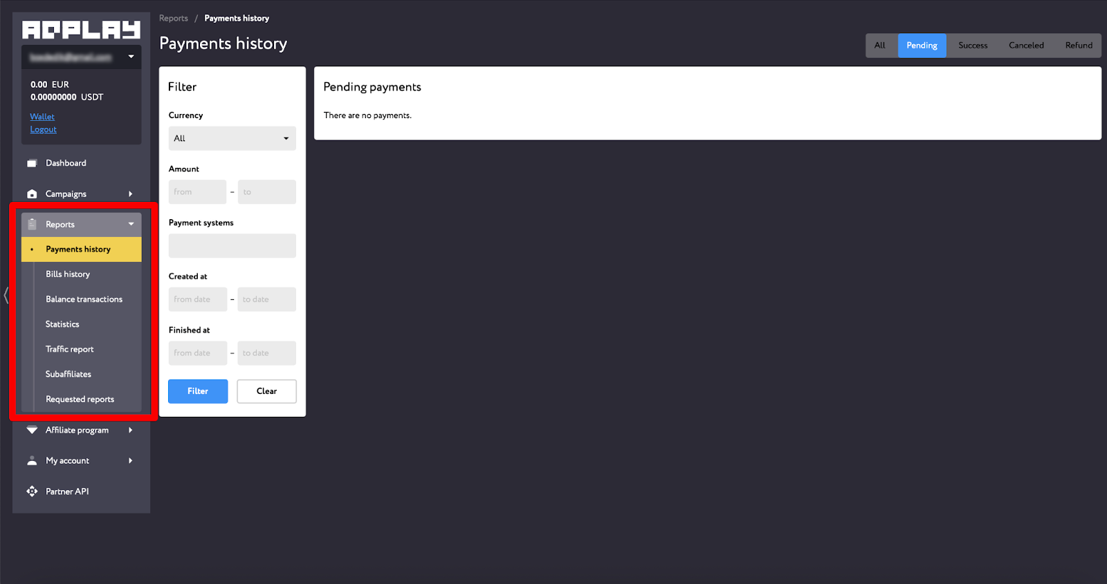 Раздел Reports личный кабинет AdplayPartners