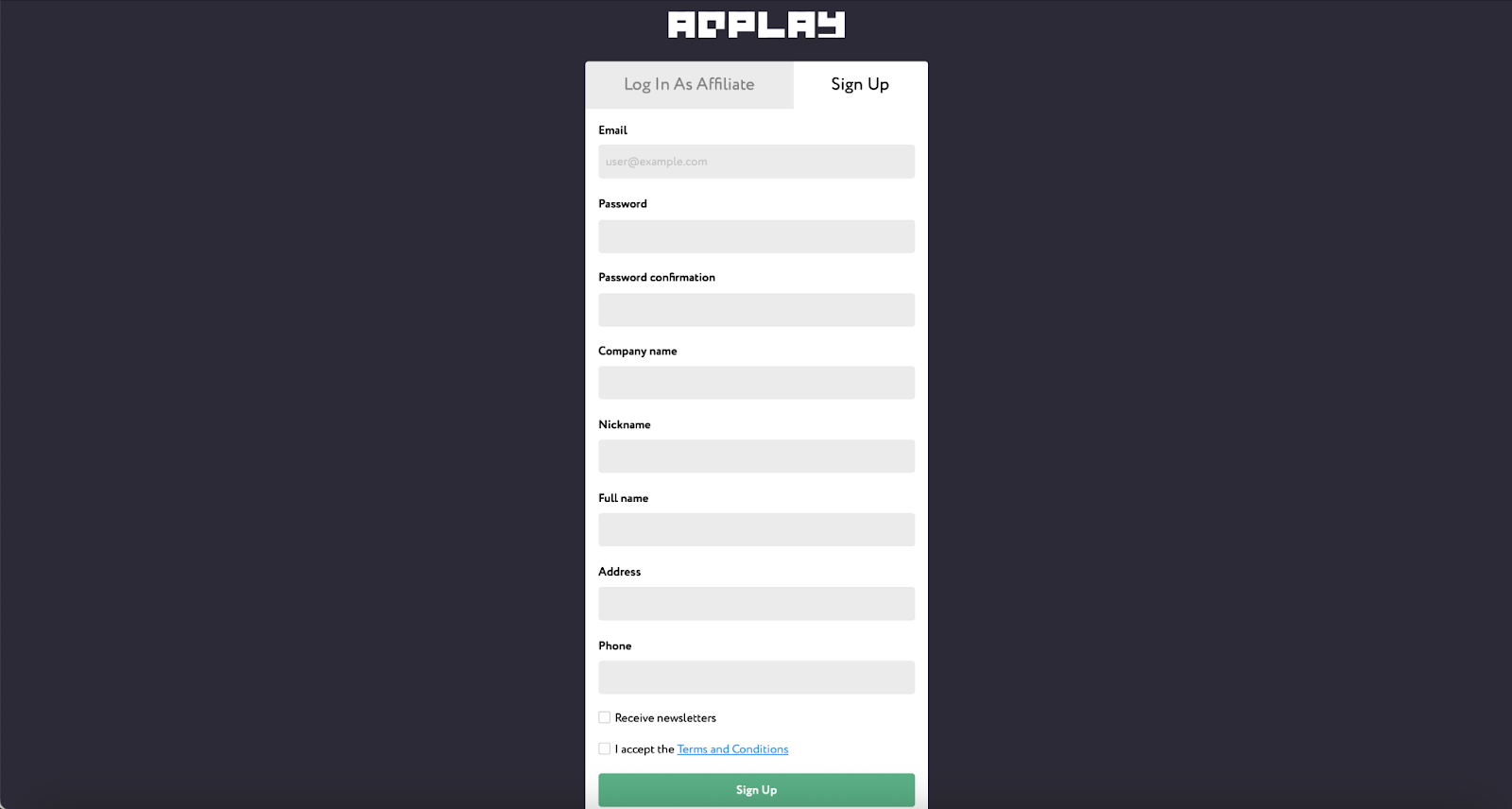 Форма регистрации в AdplayPartners
