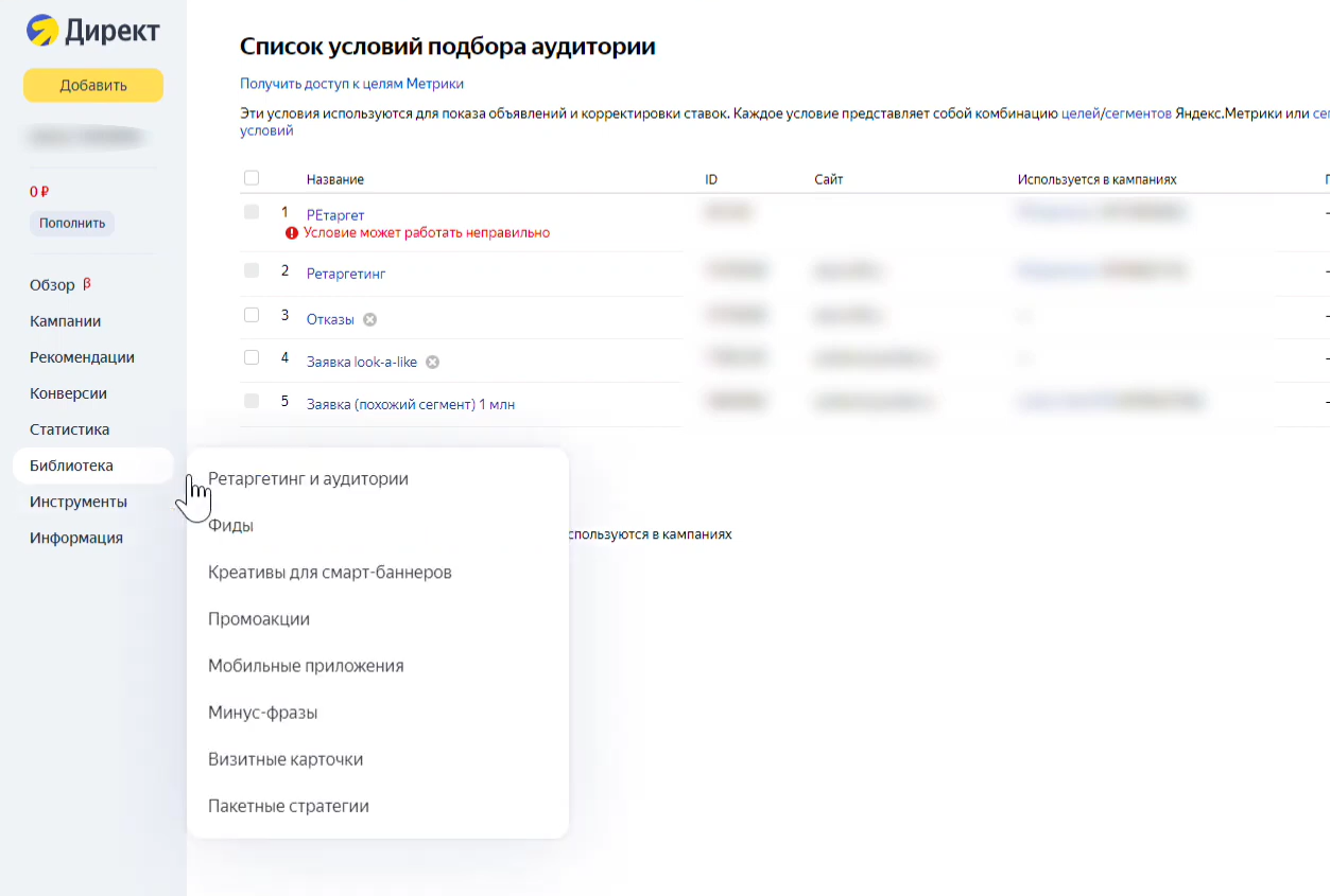 Условия подбора аудитории Яндекс Директ