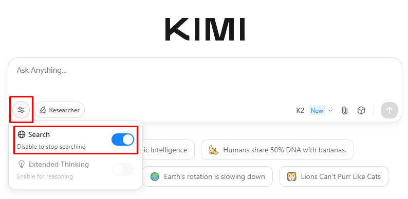 Kimi K2 режим Search