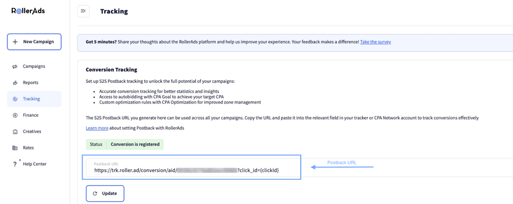 Настройка постбэка Roller Ads